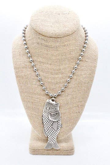 LIZOU Large Fish Pendant Convertible Silver Chain Necklace