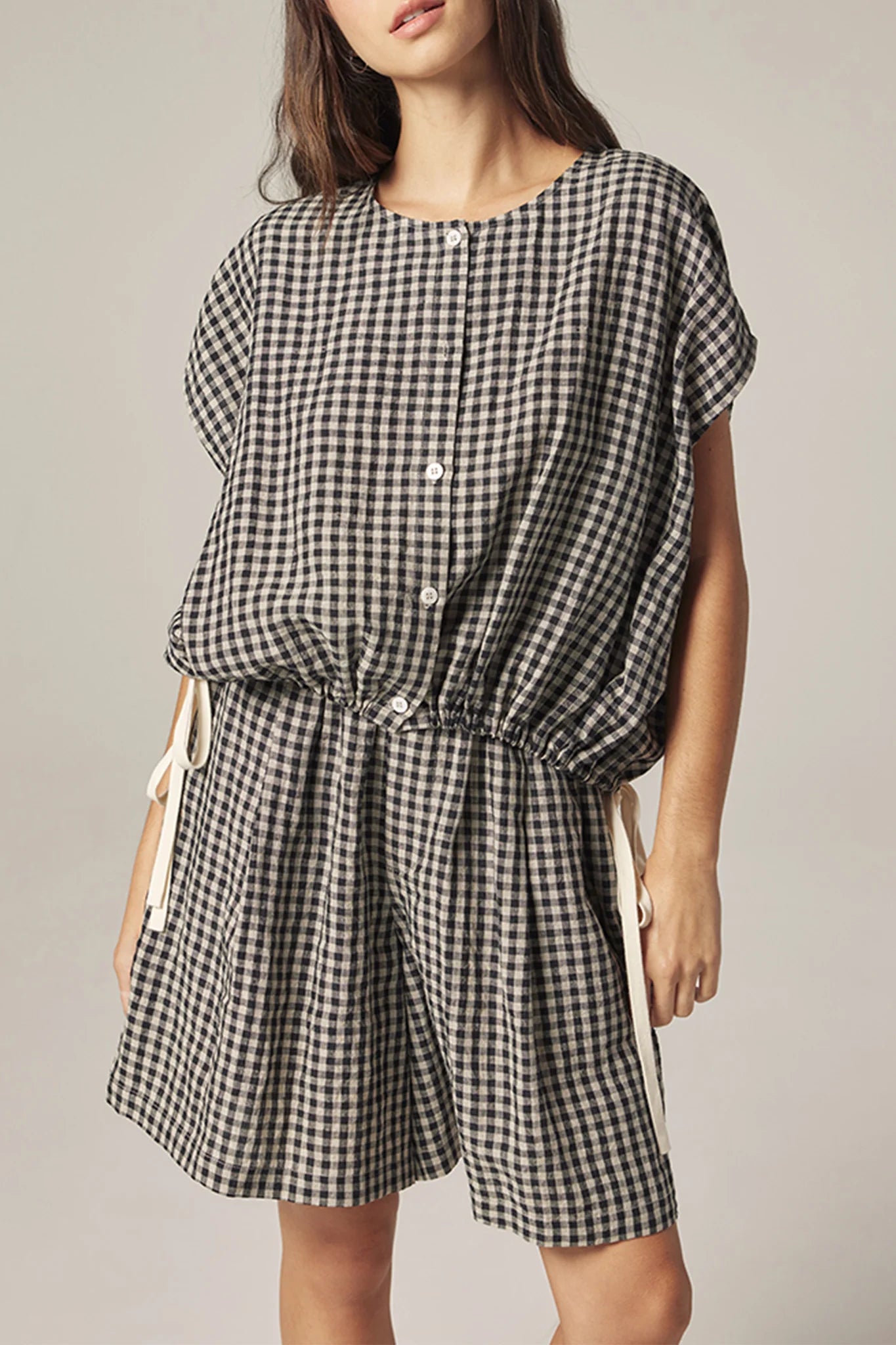 Amente Gingham Drop Sleeve Button Down Top