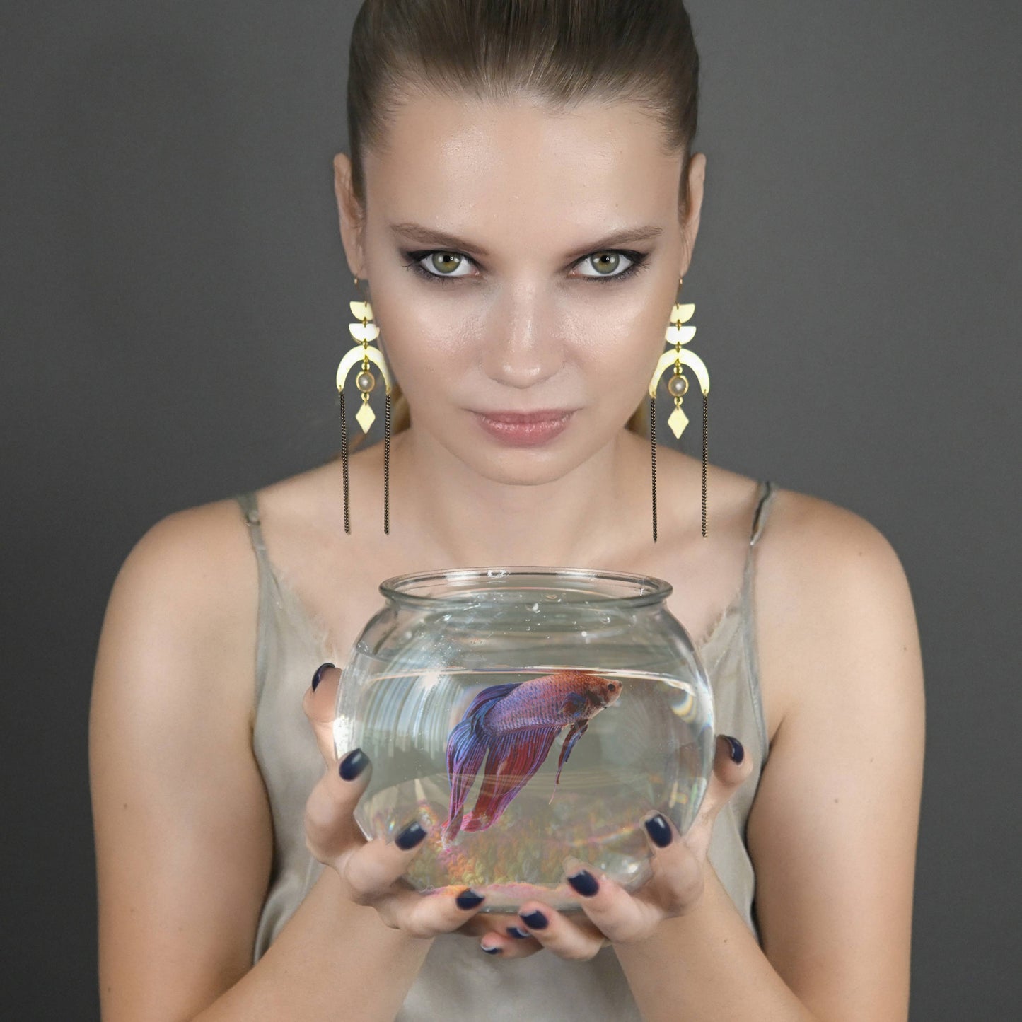 Dramatic Half Circles w/ Hammered U, Chain, Gemstone Earring