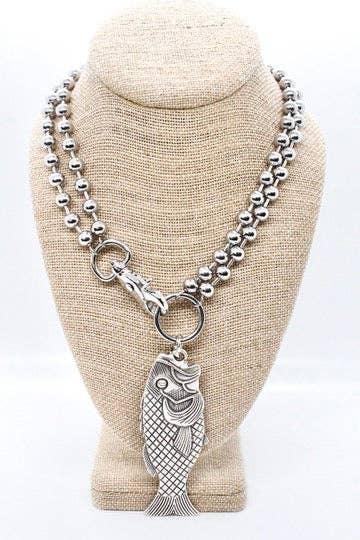 LIZOU Large Fish Pendant Convertible Silver Chain Necklace