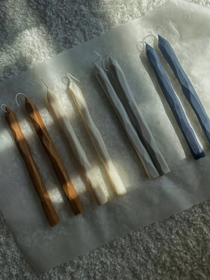 Hand carved charcoal tapered candle sticks. Vegan, soy wax