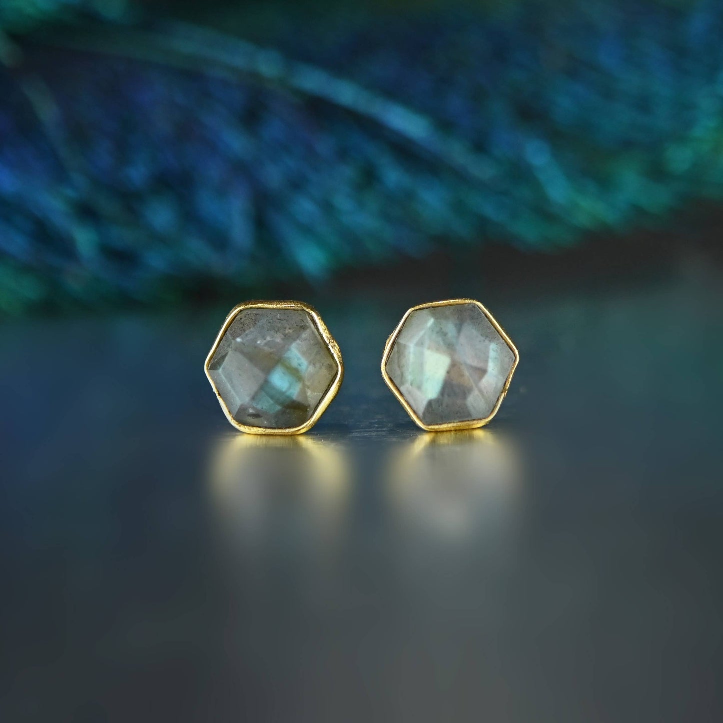 Semi Precious Hexagon Gemstone Studs (8mm gold)