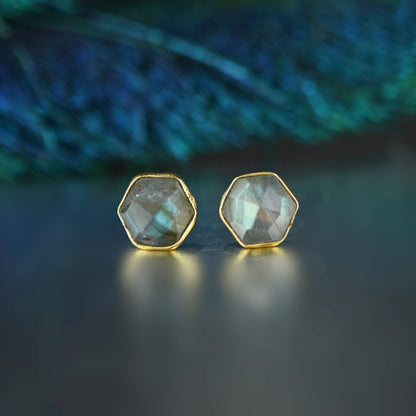 Semi Precious Hexagon Gemstone Studs (8mm gold)