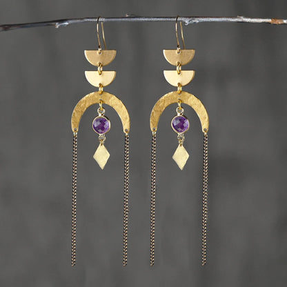 Dramatic Half Circles w/ Hammered U, Chain, Gemstone Earring