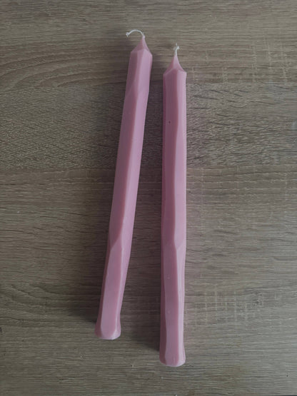 Hand carved pink tapered candle sticks, soy wax vegan