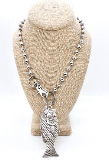 LIZOU Large Fish Pendant Convertible Silver Chain Necklace