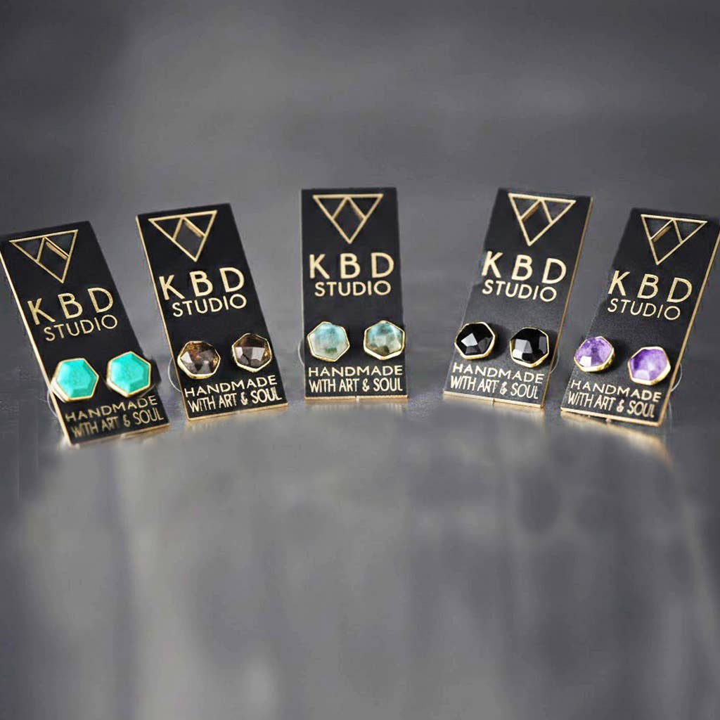 Semi Precious Hexagon Gemstone Studs (8mm gold)