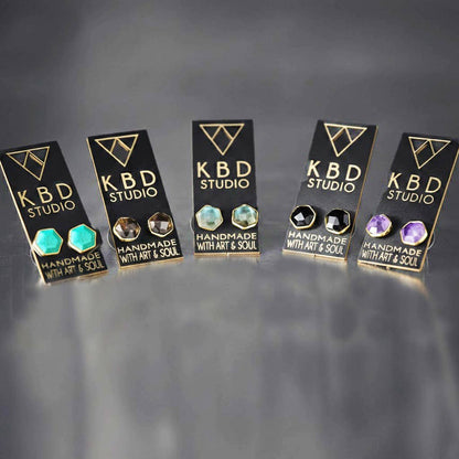 Semi Precious Hexagon Gemstone Studs (8mm gold)
