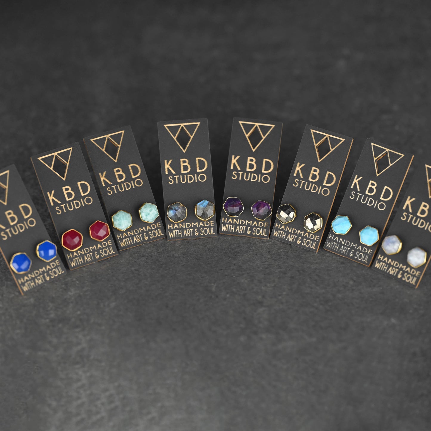 Semi Precious Hexagon Gemstone Studs (8mm gold)