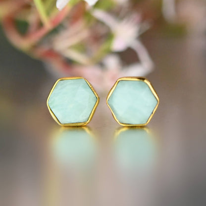 Semi Precious Hexagon Gemstone Studs (8mm gold)