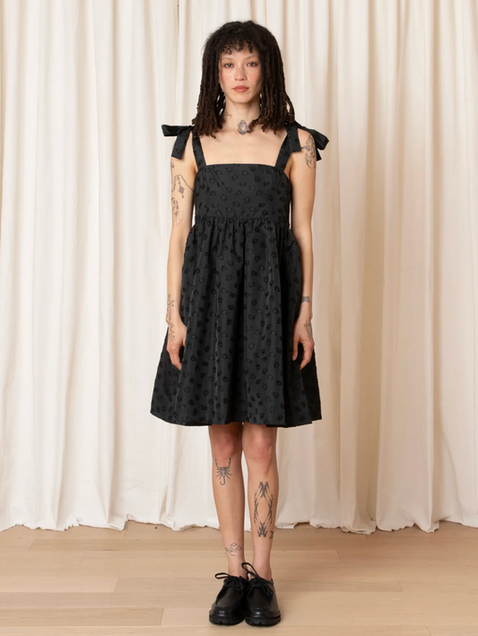 Ali Golden Short Tie Strap Dress - Black Flower Jacquard