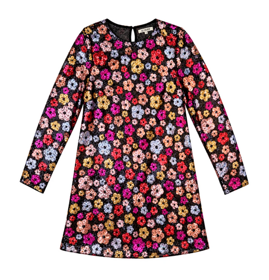 Ali Golden Long Sleeve Shift Dress - Flower Sequins
