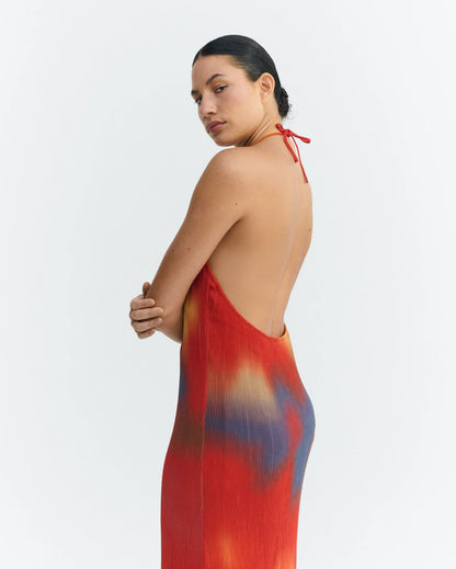 Thinking Mu Miriam Pleated Midi Dress | Orange & Yellow
