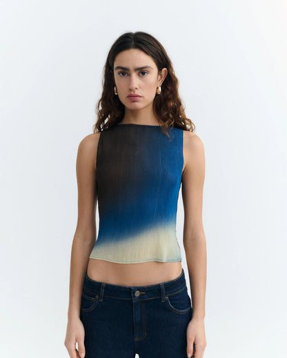 Thinking Mu Dora Pleated Top | Brown & Blue