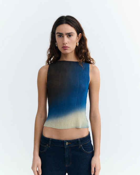 Thinking Mu Dora Pleated Top | Brown & Blue