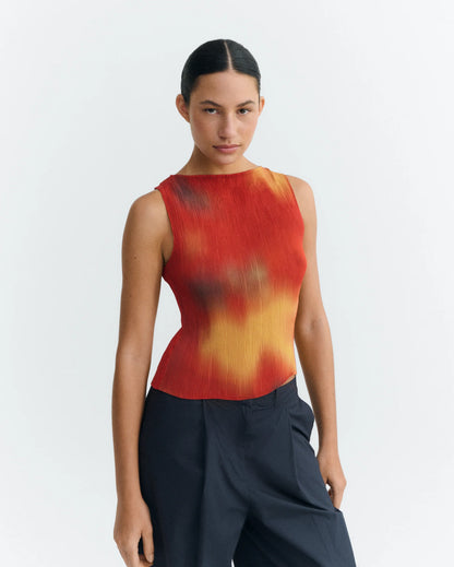 Thinking Mu Dora Pleated Top | Orange & Yellow