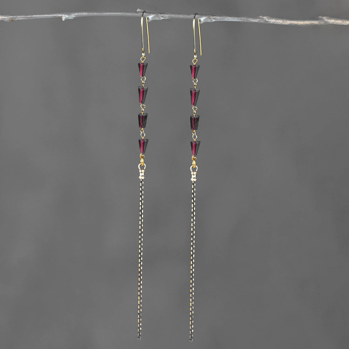 Sleek Semi Precious Long 4 Garnet Black Gold Tassel Earrings