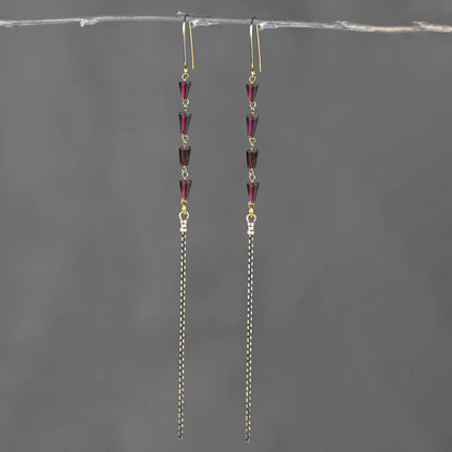 Sleek Semi Precious Long 4 Garnet Black Gold Tassel Earrings