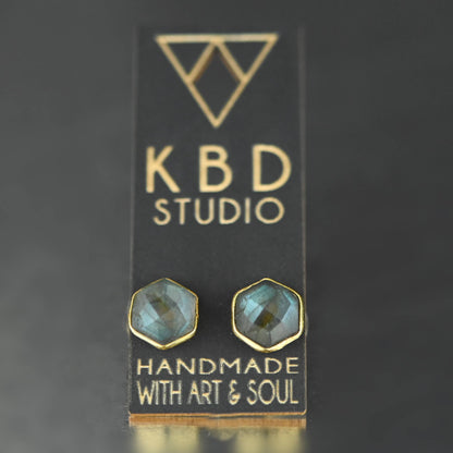 Semi Precious Hexagon Gemstone Studs (8mm gold)
