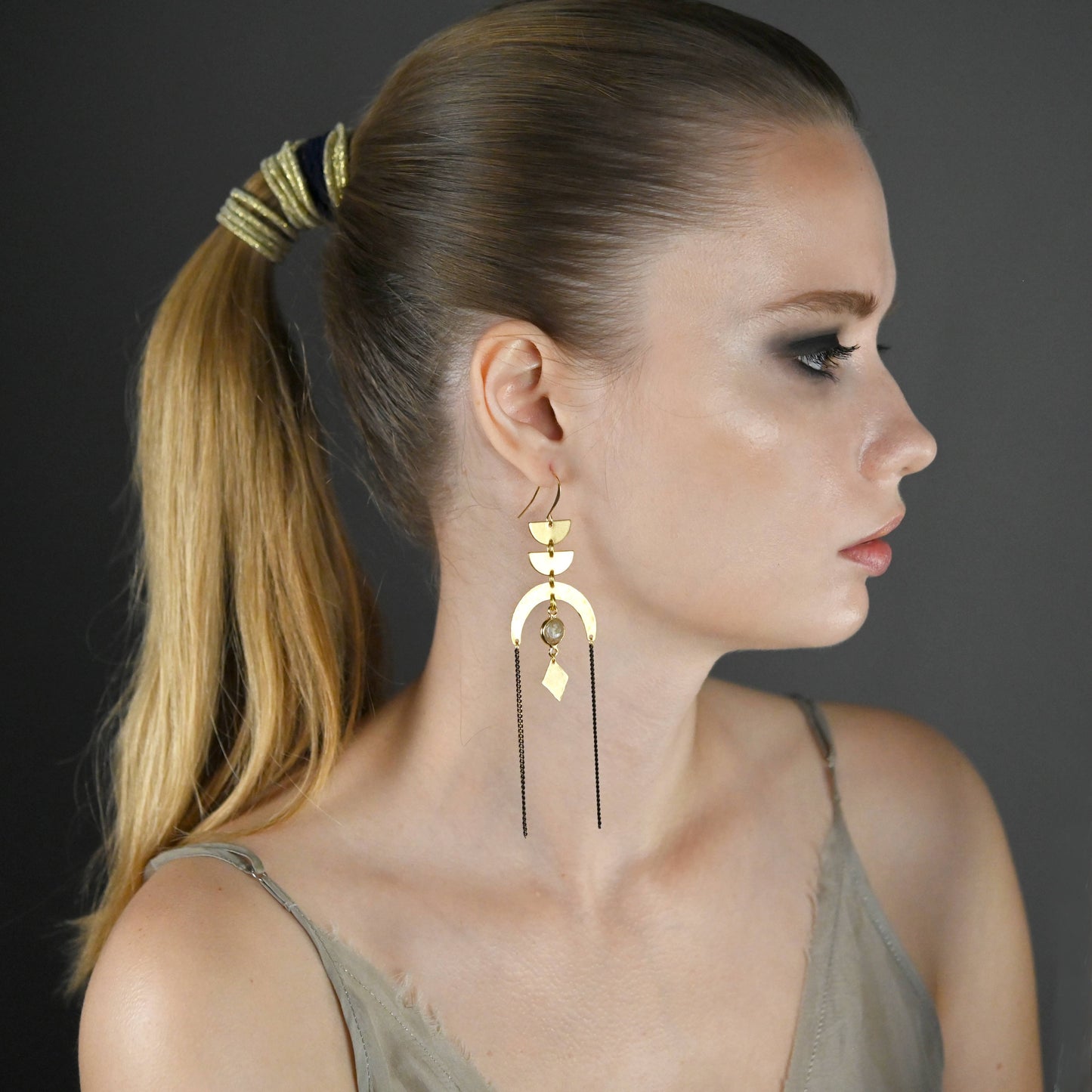 Dramatic Half Circles w/ Hammered U, Chain, Gemstone Earring