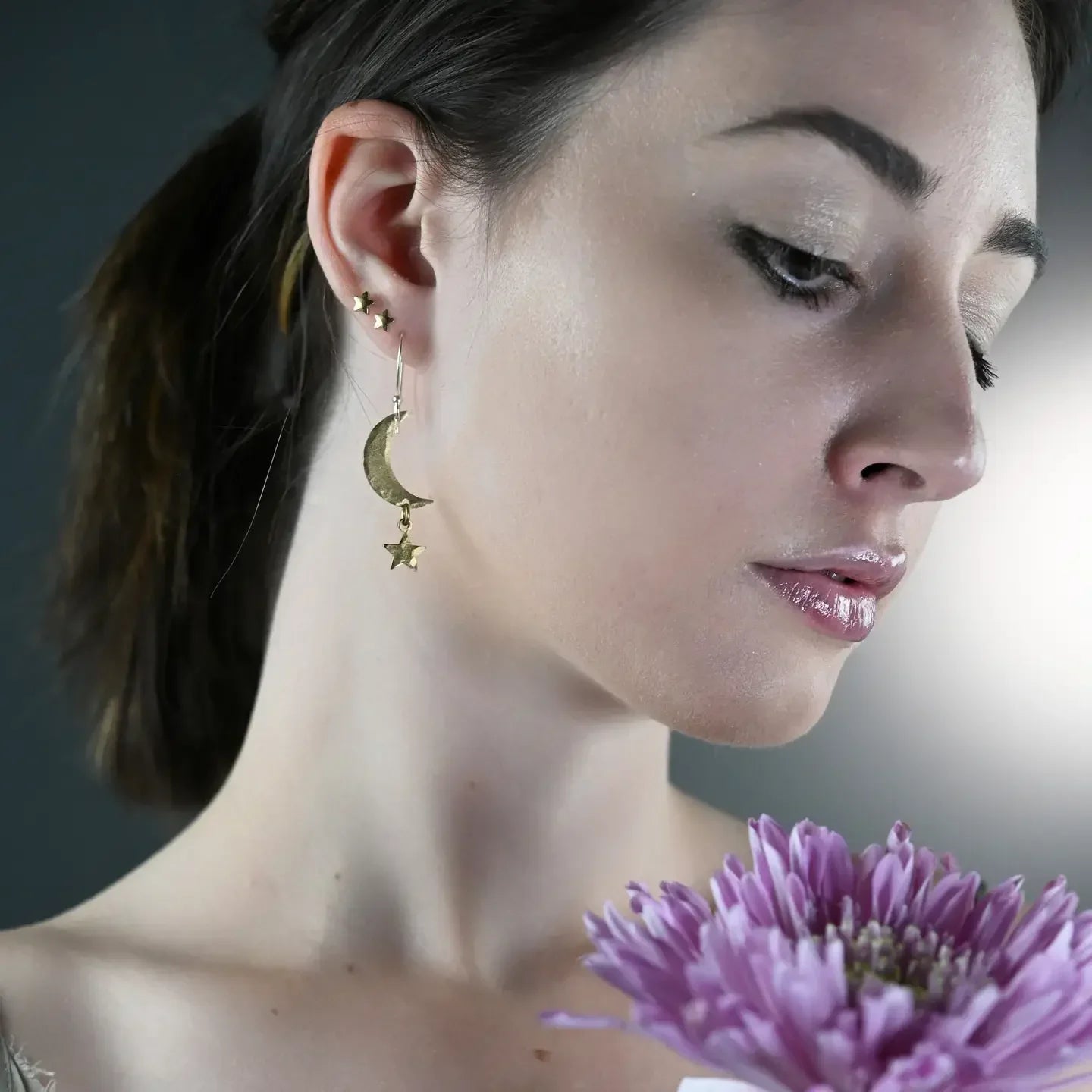 KBD Studios Hammered Brass Moon & Star Earrings