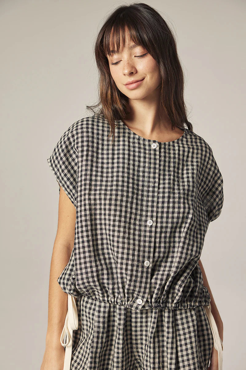 Amente Gingham Drop Sleeve Button Down Top