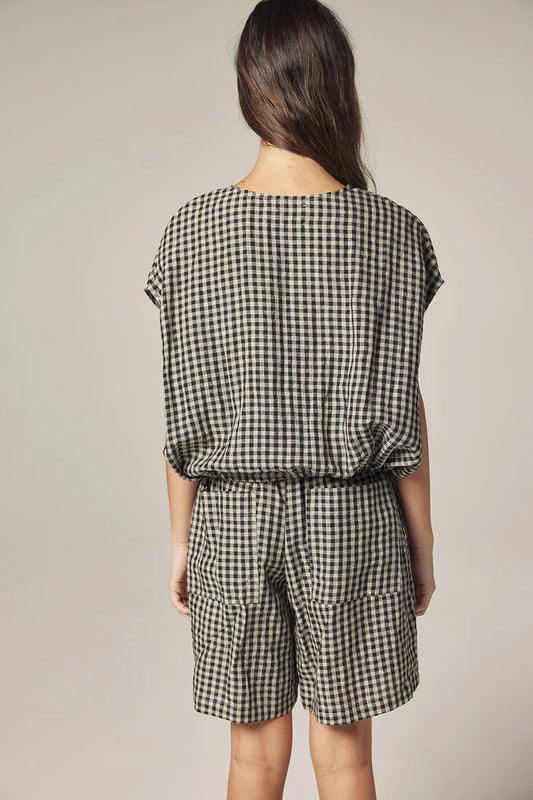 Amente Gingham Drop Sleeve Button Down Top
